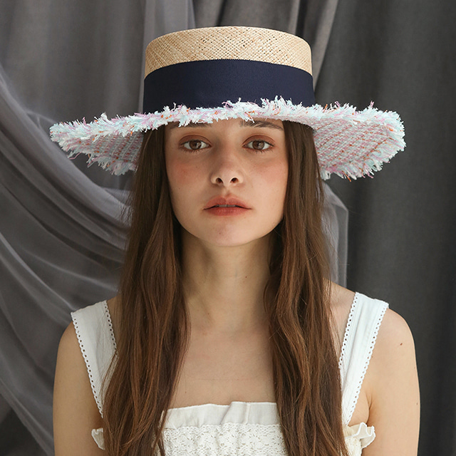 Wide brim tweed boater hat - Pastel